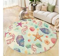 JEDTAKCT Seahorse Starfish Round Rugs Living Room, Ocean Theme Pattern Floor Mat Rug Machine Washable Boho Carpet, Non Slip Soft Circle Rug For Bedroom Kitchen Decor, Blue Green, 200 Cm