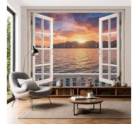 JEDTAKCT Seaside Balcony Window View Wallpaper - Sunset On The Coast Wall Mural 300X210Cm (W X H), Amber Premium Non-Woven Photo Wallpaper Mural for Bedroom, Living Room, Hallway, Home Decor