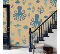 JEDTAKCT Simple Marine Animals Background Wall Mural - 300X210Cm Coral Octopus Seashell Photo Wallpaper for Boys' Bedroom, Living Room, Playroom, Teen Room, Brown 3D Photo Mural Wall Art
