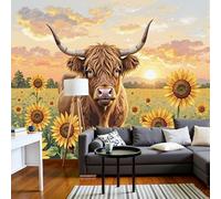 JEDTAKCT Simplicity Highland Cattle Wallpaper Mural Sunset Sunflowers Photo Wallpaper Nature 3D Wall Mural 250X175Cm Orange Art Print Decoration Poster Picture for Living Room Bedroom Tv Backdrop