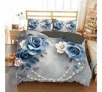 JEDTAKCT Single Size Duvet Cover Set - 3Pcs Reversible Bedding Bed Set Pearl Blue Rose Prints Single Soft Brushed Microfiber Watercolor Butterfly Prints Quilt Cover With 2 Pillowcases