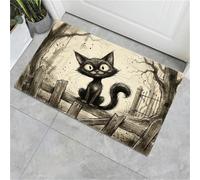JEDTAKCT Soft Doormat Retro Forest Black Cat 90X150Cm Rug, Non Slip Absorbent Mats Microfiber Runner Carpet Cream Fun Hand-Drawn Animals, Washable Doormat For Indoor Corridor, Kitchen, Bathroom