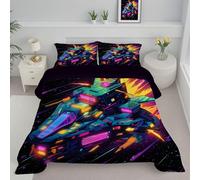 JEDTAKCT Spaceship Double Duvet Set, Soft Reversible Coverless Duvet With Pillowcases, Cyberpunk Geometry Printed Down Alternative Bedding Comforter Sets For All Seasons, Blue Purple