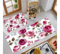 JEDTAKCT Spring Watercolor Rose Carpet Runners For Kitchen Non-Slip Romantic Flowers Kitchen Rug Runner Washable Short Pile Floor Mat For Entryway Bedroom Laundry Room, Bordeaux Red, 43X75Cm+43X150Cm