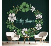 JEDTAKCT St. Patrick's Wreath Wallpaper - Dark Green Bohemian Four-Leaf Clover Wall Mural 400X280Cm (W X H), 3D Botanical Large Photo Wallpaper Mural for Bedroom, Living Room, Hallway, Home Decor