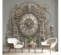 JEDTAKCT Steampunk Clock 3D Wallpaper, Brown Retro Industrial Style Architecture Wall Mural for Living Room Bedroom Lounge, Modern Photo Silk Wallpaper Mural Decorative Wall Art 300X210Cm