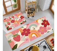 JEDTAKCT Strawberry Floral Kitchen Floor Mats, 2 Pcs Stain-Resistant Set, Absorbent Quick Drying, Non-Slip Kitchen Carpets Rugs, Bohemian Rainbow Runners Mat (Peach Pink, 50X80Cm+50X150Cm)