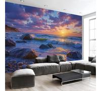 JEDTAKCT Sunset Beach View Wallpaper Mural Dreamy Seaside Photo Wallpaper Nature 3D Wall Mural 300X210Cm Blue And Pink Art Print Decoration Poster Picture For Living Room Bedroom Tv Backdrop