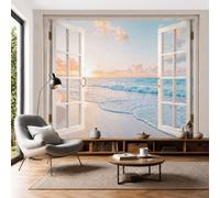 JEDTAKCT Sunset Beach Window View Non-Woven Wallpaper - Light Blue Sunshine Beach Wall Mural for Bedroom, Living Room Background Decoration, 3D Photo Wall Paper Poster Picture 400X280Cm (Wxh)