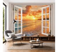 JEDTAKCT Sunset Beach Window View Wallpaper - Tropical Waves Beaches Wall Mural 250X175Cm (W X H), Orange Color Premium Non-Woven Photo Wallpaper Mural for Bedroom, Living Room, Hallway, Home Decor