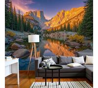 JEDTAKCT Sunset Mountains Lake 3D Panoramic Custom Wallpaper Mural, Forest Landscape Photo Wallpaper Orange Wallpapers Mural Poster Decoration for Bedroom Living Room Corridor, 250X175Cm