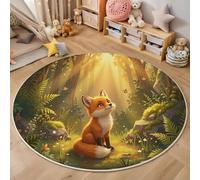 JEDTAKCT Sunshine Fox Grass Round Rug 100 Cm, Cute Animals Circle Rugs For Entryway, Low-Pile Forest Green Rugs For Living Room, Stain Resistant Medallion Circular Carpet For Kids Bedroom