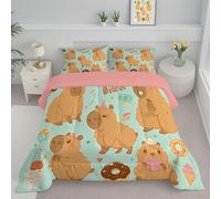 JEDTAKCT Super King Duvet - Coverless Duvet With Pillowcase - Reversible Cute Capybara Printed Quilt With Cartoon Donut Pattern - Lightweight Washable Comforter - 260X230Cm - Mint Green