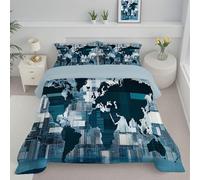JEDTAKCT Super King Duvet - Coverless Duvet With Pillowcase - Reversible Modern Map Printed Quilt With Abstract Geometric Pattern - Lightweight Washable Comforter - 260X230Cm - Teal