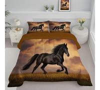 JEDTAKCT Tan Double Duvet Sunset Dark Horse Reversible Coverless Duvet All Seasons Quilt With Grassland Animals Printed, Lightweight Soft Comforter Set With Pillowcase, Washable