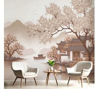 JEDTAKCT Traditional Architecture Photo Wallpaper Chinese Landscape Painting Wall Mural Silk Wall Decor Brown Art Poster Picture Design Mural Wallpaper for Living Room Bedroom Dorm Décor 300X210Cm