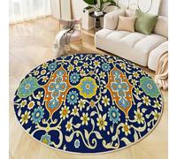 JEDTAKCT Traditional Floral Round Rug 120 Cm - Large Washable Navy Blue Round Area Rug, Soft Non Slip Non-Shedding Floor Mat For Bedroom Indoor Living Room Moroccan Geometric Carpet For Hallway