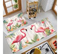 JEDTAKCT Tropical Flamingo Kitchen Carpet Runners Beige Non Slip Washable Kitchen Rug Set Absorbent Flower Fence Low Pile Floor Mat For Bedroom Entrance Laundry Room, 50X80Cm+50X150Cm