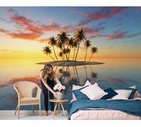JEDTAKCT Tropical Island Landscape Background Wall Mural - 350X256Cm Natural Sunset Photo Wallpaper for Bedroom Living Room Playroom Teen Room, 3D Panoramic Custom Wallpaper Wall Art, Orange Color