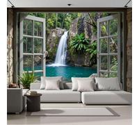 JEDTAKCT Tropical Waterfalls and Lakes Non-Woven Wallpaper - Green Forest Window View Wall Mural for Bedroom, Living Room Background Decoration, 3D Photo Wall Paper Poster Picture 350X256Cm (Wxh)