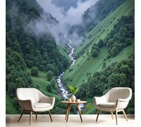 JEDTAKCT Valley River Photo Wallpaper Forest Landscape Wall Mural Silk Wall Decor Emerald Green Art Poster Picture Design Mural Wallpaper for Living Room Bedroom Dorm Décor 350X256Cm