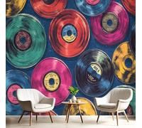 JEDTAKCT Vintage Colorful Records Wall Murals 70S Music Art 3D Wall Mural Navy Blue Large Photo Wallpaper Hd Printing Print For Living Room Bedroom Hallway Stairway Home Decoration, 250X175Cm