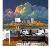 JEDTAKCT Wall Mural Urban Forest Landscape Wallpaper, 3D Wall Mural Decoration Poster Dreamy Clouds Lakes Design, Blue-Green Photo Wallpaper for Living Room Bedroom Children's Room Office 400X280Cm