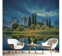 JEDTAKCT Wall Mural Urban Lake Landscape Wallpaper, 3D Wall Mural Decoration Poster Natural Forest Design, Blue-Green Photo Wallpaper for Living Room Bedroom Children's Room Office 450X315Cm