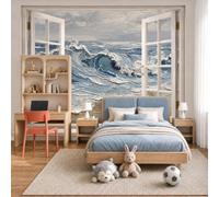 JEDTAKCT Wall Mural Wallpaper 3D Wave Relief Window View Natural Beach Sea View, 3D Premium Non-Woven Blue Art Photo Wallpaper for Living Room Bedroom Children's Room Wall Decor 450X315Cm (W X H)