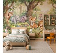 JEDTAKCT Wall Mural Wallpaper Cute Animal Forest 250X175Cm (W X H) | Cute Tiger Elephant, 3D Premium Non-Woven Green Art Photo Wallpaper for Living Room Bedroom Children's Room Decor