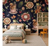 JEDTAKCT Wall Mural Wallpaper Fantasy Fairy Tale Theme 400X280Cm (W X H) | Squirrel Clock Flower, 3D Premium Non-Woven Black Art Photo Wallpaper for Living Room Bedroom Children's Room Decor