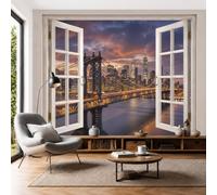 JEDTAKCT Wall Mural Wallpaper Manhattan Bridge New York Sunset Cityscape, 3D Premium Non-Woven Orange Color Art Photo Wallpaper for Living Room Bedroom Children's Room Wall Decor 200X140Cm (W X H)