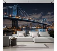 JEDTAKCT Wall Mural Wallpaper New York Manhattan Bridge Modern Night View, 3D Premium Non-Woven Charcoal Gray Art Photo Wallpaper for Living Room Bedroom Children's Room Wall Decor 250X175Cm (W X H)