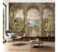 JEDTAKCT Wall Mural Wallpaper Nordic Coastal Cities Elegant Flowers Colonnade, 3D Premium Non-Woven Beige Art Photo Wallpaper for Living Room Bedroom Children's Room Wall Decor 300X210Cm (W X H)