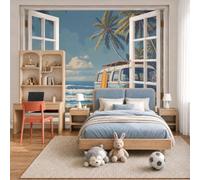 JEDTAKCT Wall Mural Wallpaper Retro Beach Poster Tropical Holiday Bus, 3D Premium Non-Woven Blue-Gray Art Photo Wallpaper for Living Room Bedroom Children's Room Wall Decor 450X315Cm (W X H)