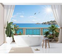 JEDTAKCT Wall Mural Wallpaper Tropical Island Sky Modern Balcony Sea View, 3D Premium Non-Woven Blue Art Photo Wallpaper for Living Room Bedroom Children's Room Wall Decor 400X280Cm (W X H)