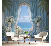 JEDTAKCT Wall Murals Romantic Floral Wallpaper, Balcony Window View Wall Mural Decorative Wallpapers for Living Room Bedroom Light Blue Photo Wallpaper, 400X280Cm (Wxh) Art Wallpapers 3D Effect