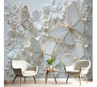 JEDTAKCT Wallpaper Murals 3D Butterfly Floral 138"X101" Art Beige Photo Wallpaper, Animal Paper Sculpture Print Wall Mural Giant Poster, Modern Living Room Bedroom Kids Room Backdrop Wall Decor