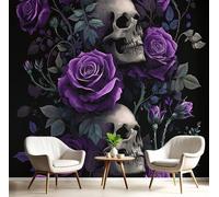 JEDTAKCT Wallpaper Murals Gothic Purple Rose 98"X 69" 3D Art Ink Black Photo Wallpaper, Retro Skull Print Wall Mural Giant Poster, Modern Living Room Bedroom Kids Room Backdrop Wall Decor