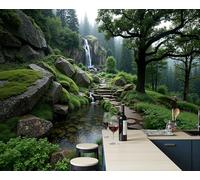 JEDTAKCT Wallpaper Wall Mural Emerald Green Waterfall Rocky Path 450X315Cm 3D Photo Wallpaper Forest Landscape Wall Mural Poster, for Living Room Bedroom Corridor Tv Background Decor Murals