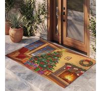 JEDTAKCT Warm Christmas Scenery Front Door Mat Indoor Entrance, 40X60Cm Doormat | Non-Slip Washable Yellow Christmas Tree Fireplace Sofa Small Rug For Front Porch Entryway Kitchen New Year Decor