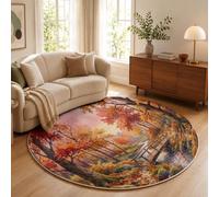 JEDTAKCT Watercolor Autumn Forest Short Pile Area Rugs Living Room Round 100 Cm | Stream Wooden Bridge Landscape Orange Washable Circle Rugs, Anti Slip Thin Round Carpet For Dining Room Bedroom
