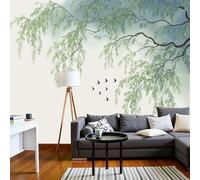 JEDTAKCT Watercolor Birds Willow 3D Panoramic Custom Wallpaper Mural, Chinese Illustration Photo Wallpaper Sage Green Wallpapers Mural Poster Decoration for Bedroom Living Room Corridor, 450X315Cm