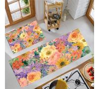 JEDTAKCT Watercolor Colorful Flowers Kitchen Floor Mats, 2 Pcs Stain-Resistant Set, Absorbent Quick Drying, Non-Slip Kitchen Carpets Rugs, Bohemian Garden Runners Mat (Coral Orange, 40X60Cm+40X120Cm)