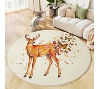 JEDTAKCT Watercolor Deer Butterfly Kids Round Rug, Simple Animal Design Washable Circle Rugs Soft For Boys Girls Children Bedroom Playroom Living Room, Soft Low Pile Round Carpets 80 Cm Beige