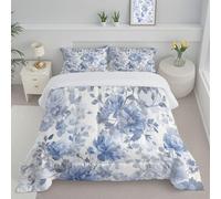 JEDTAKCT Watercolor Flowers Super King Duvet Set, Soft Reversible Coverless Duvet With Pillowcases, Country Garden Printed Down Alternative Bedding Comforter Sets For All Seasons, Light Blue