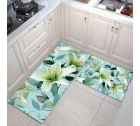 JEDTAKCT Watercolor Lily Kitchen Rugs Sets Of 2 Non Slip Washable Romantic Flowers Kitchen Rugs And Mats For Floor 44X75Cm+44X120Cm Mint Green Runner Rug Floor Carpet For Laundry Hallways