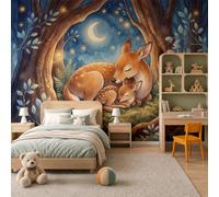 JEDTAKCT Watercolor Night Sky Forest Wallpaper, Bedroom Non-Woven Wall Paper for Living Room | Cute Fawn Mother Baby Wall Mural, Dark Blue Custom Size Photo Wallpaper, Modern Home Decor, 200X140Cm