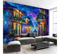 JEDTAKCT Watercolor Retro Street Wallpaper - Indigo Rainy Night Streets Wall Mural 450X315Cm (W X H), 3D Botanical Large Photo Wallpaper Mural for Bedroom, Living Room, Hallway, Home Decor