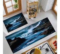 JEDTAKCT Waves And Rocks Kitchen Mats Non Slip Washable Kitchen Rug Sets 2 Piece Deep Blue Natural Landscape Carpet Runners Floor Mat For Hallway Laundry Room 44X75Cm+44X120Cm